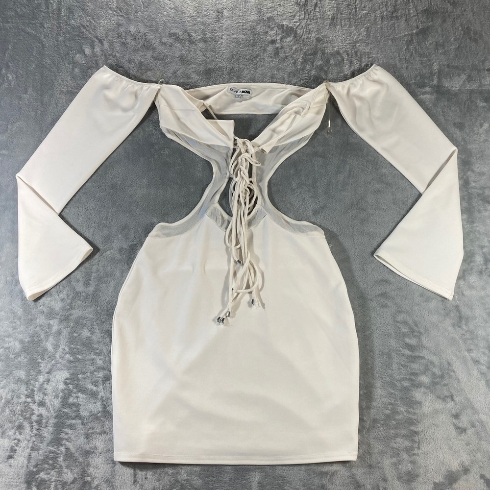 FASHION NOVA Mini Dress Women Medium Cream Lace Up Cutout Long Sleeve Club Y2K